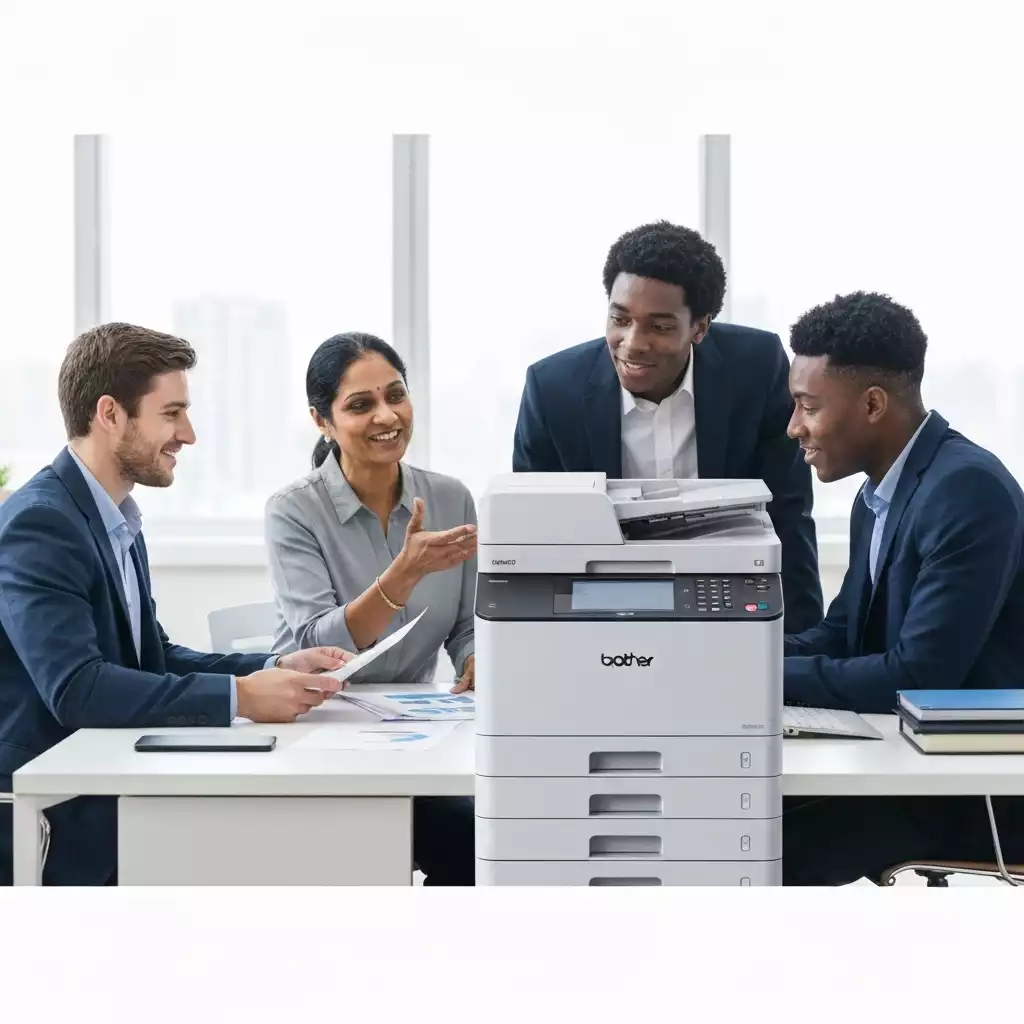 Business team collaborating around a Brother MFD, documents, modern office
