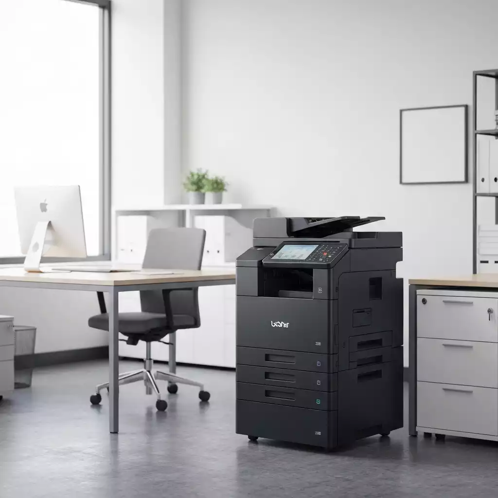 Modern office setup with a Brother MFD device, sleek design, professional environment