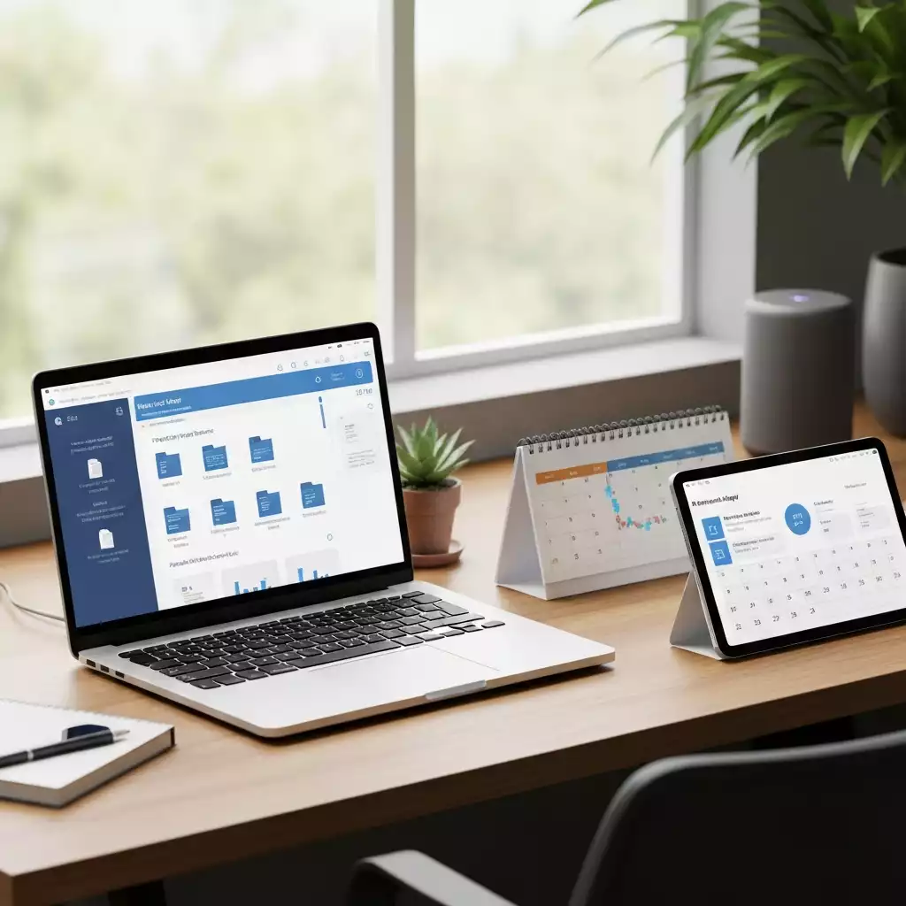 Office desk with digital devices illustrating document management
