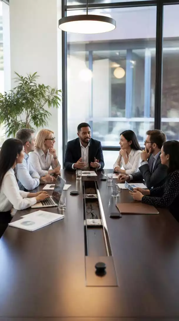 A diverse group of people in a business meeting discussing various options