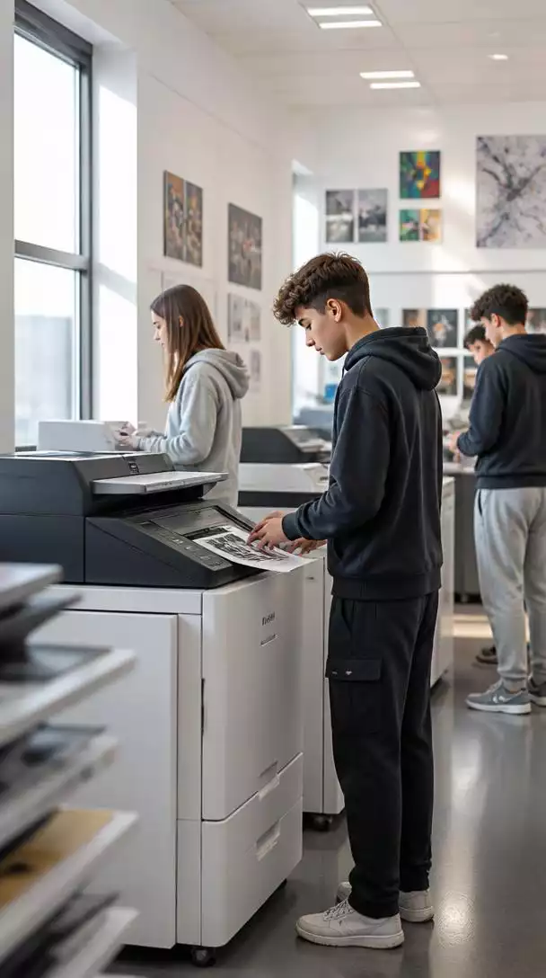Modern school printing setup with students using printers