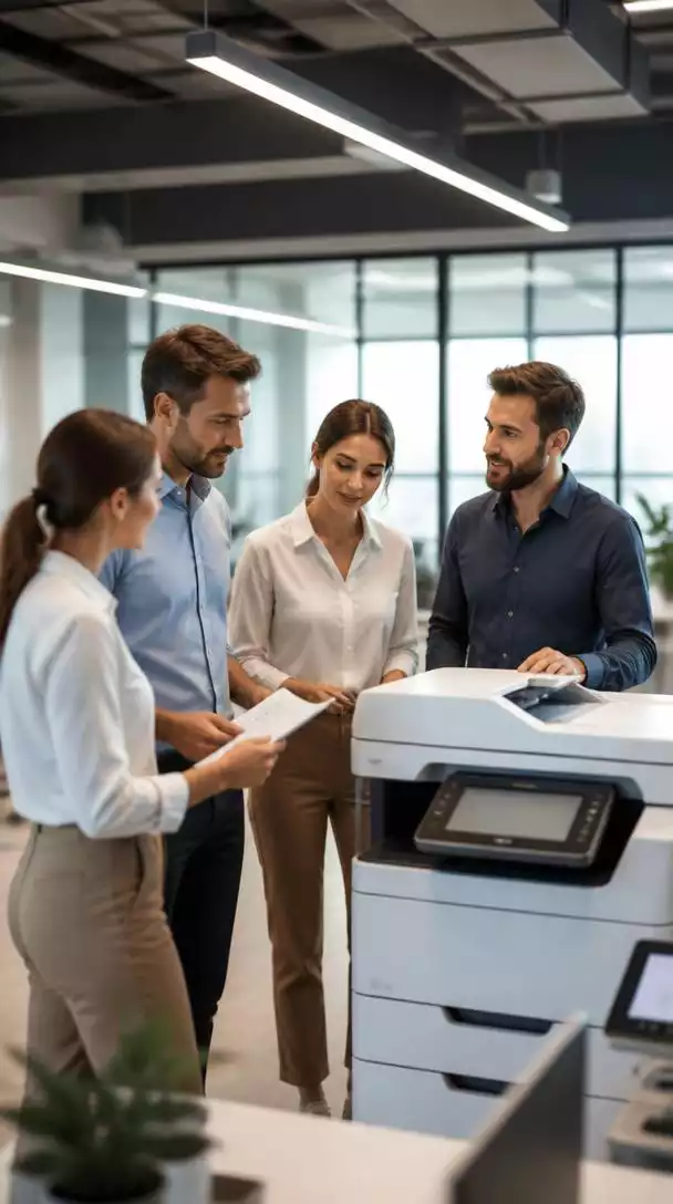 Office team discussing new printing solutions