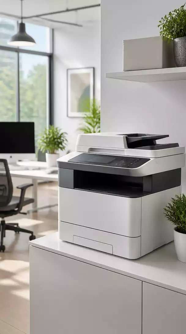 Modern printer in an office setting, no text