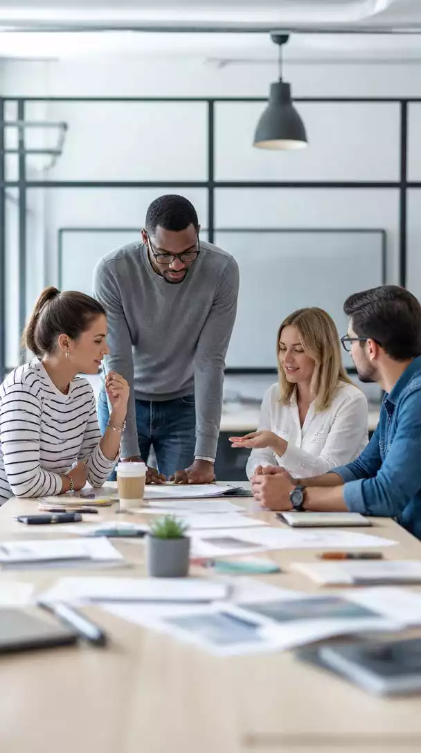 Team discussing workflow strategies in a modern office setting
