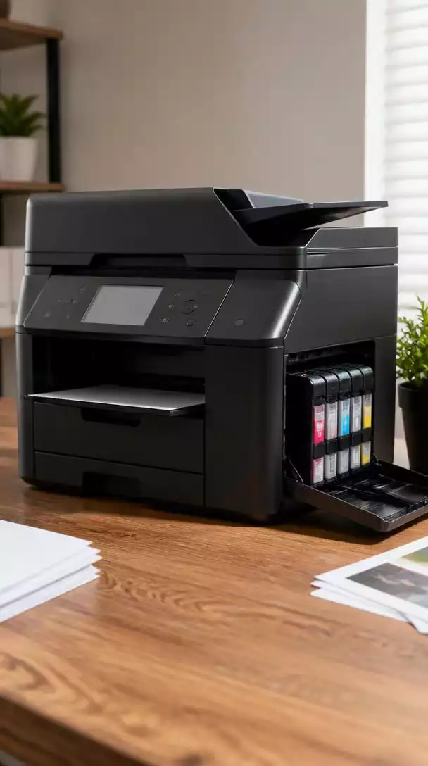 Brother printer with high-yield ink cartridges on desk