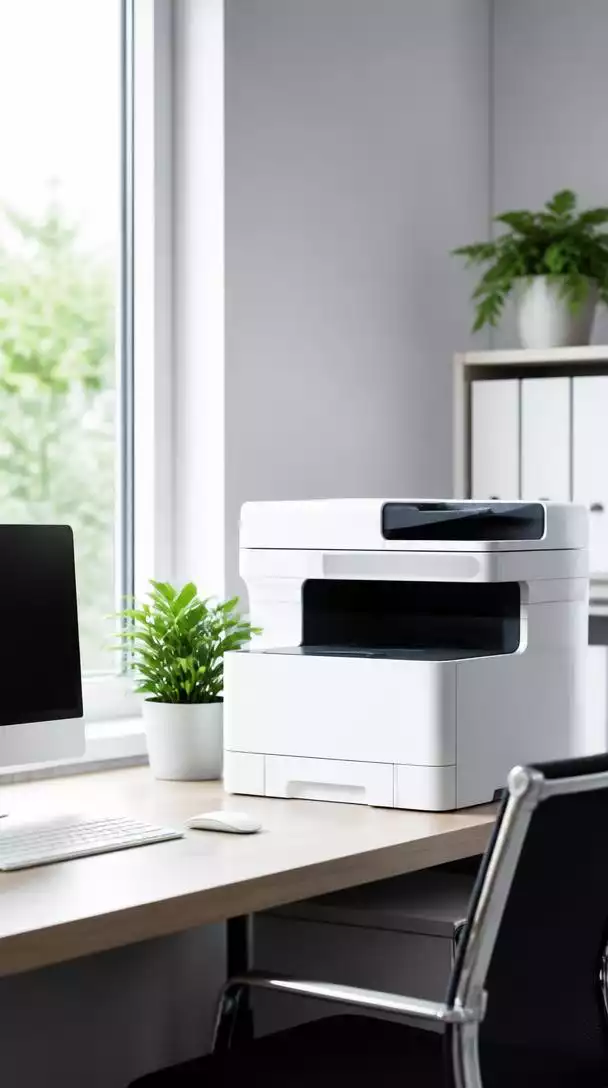 Office printer setup with modern equipment, tidy desk, no text, 8K