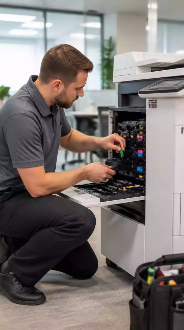 A technician troubleshooting an office printer, bright office setting, no text, 8K