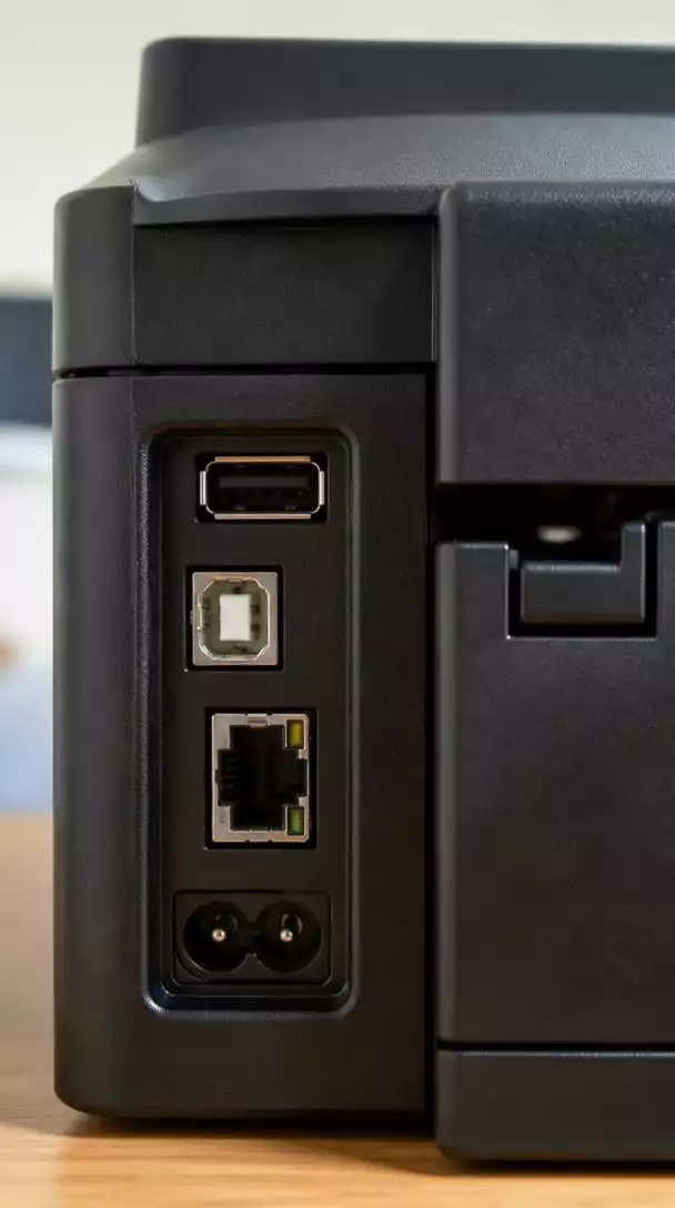 Close-up of printer connectivity options